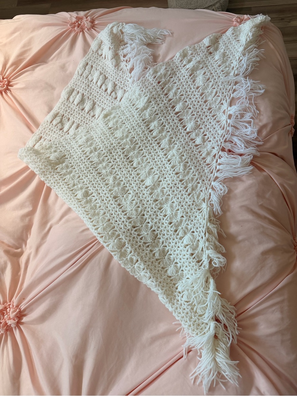 Handmade Cream Crochet Fringe Shawl